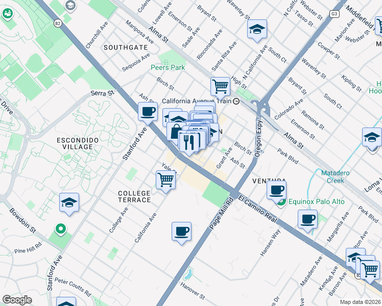 map of restaurants, bars, coffee shops, grocery stores, and more near 480 California Avenue in Palo Alto