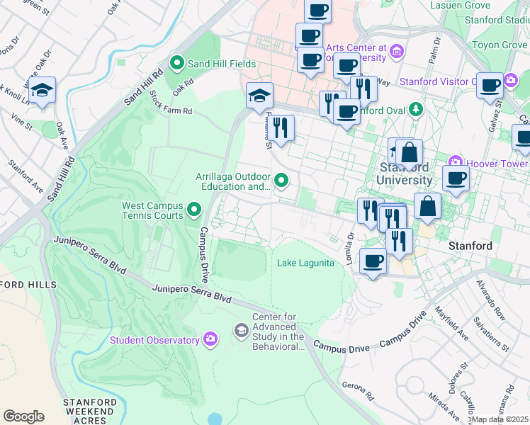 map of restaurants, bars, coffee shops, grocery stores, and more near 554 Governor's Avenue in Stanford