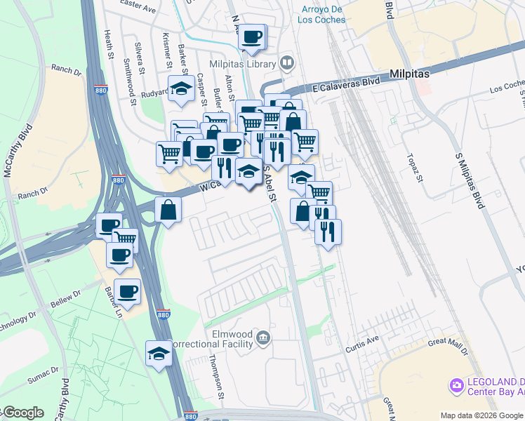 map of restaurants, bars, coffee shops, grocery stores, and more near 123 Corning Avenue in Milpitas