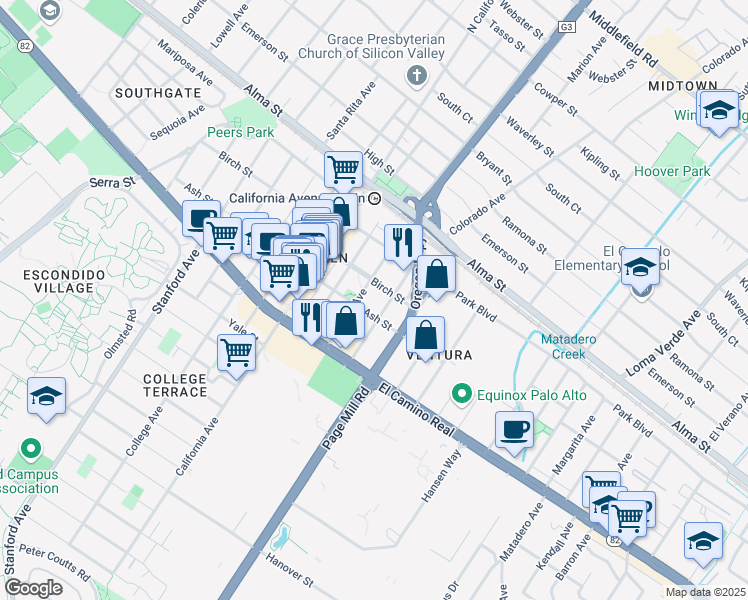 map of restaurants, bars, coffee shops, grocery stores, and more near 404 Sheridan Avenue in Palo Alto