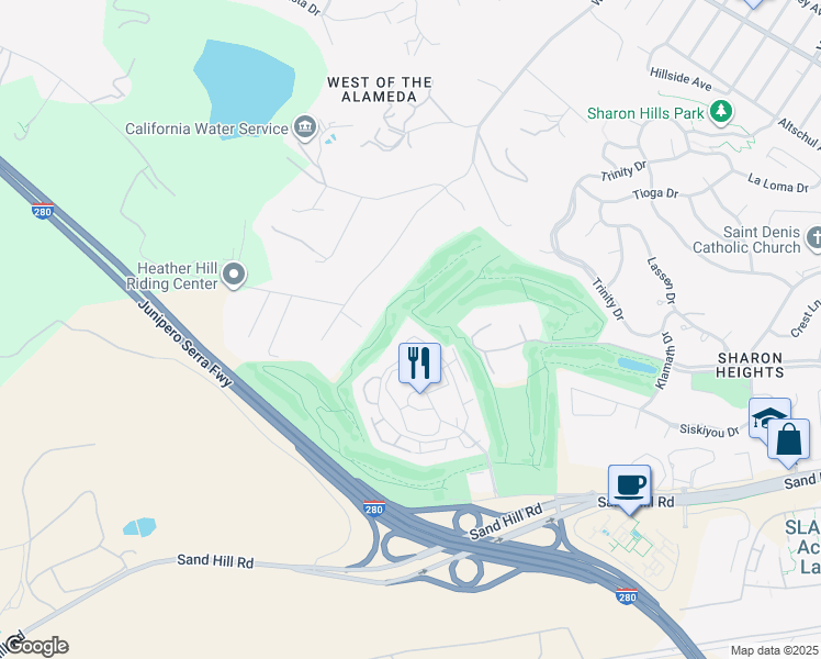 map of restaurants, bars, coffee shops, grocery stores, and more near 222 Sand Hill Circle in Menlo Park