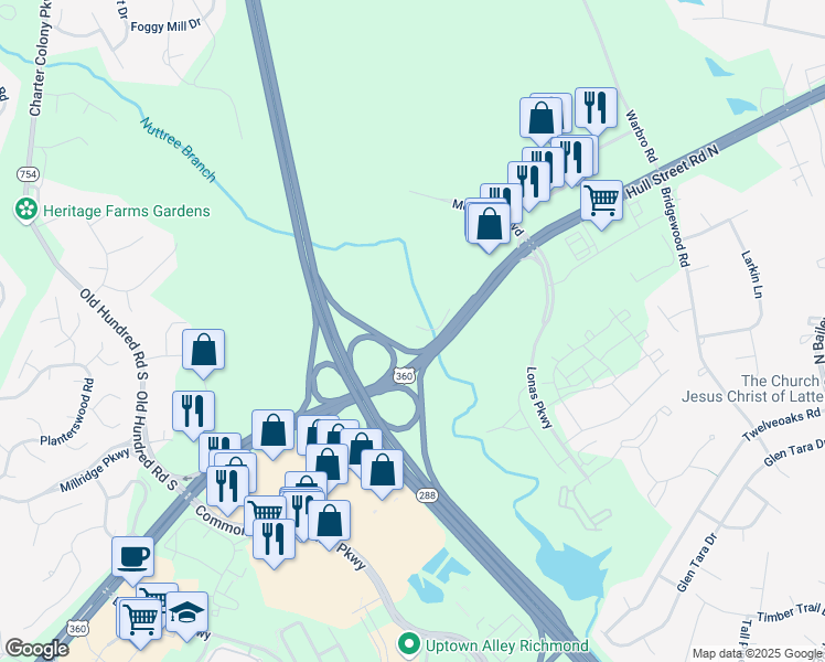 map of restaurants, bars, coffee shops, grocery stores, and more near 12642 Hull Street Road in Midlothian