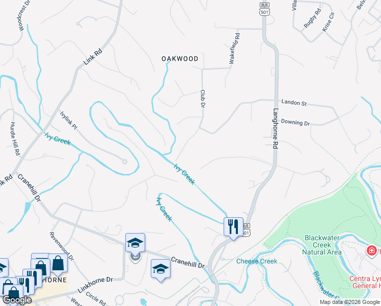 map of restaurants, bars, coffee shops, grocery stores, and more near 1542 Club Drive in Lynchburg