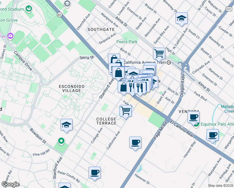 map of restaurants, bars, coffee shops, grocery stores, and more near 2151 Williams Street in Palo Alto