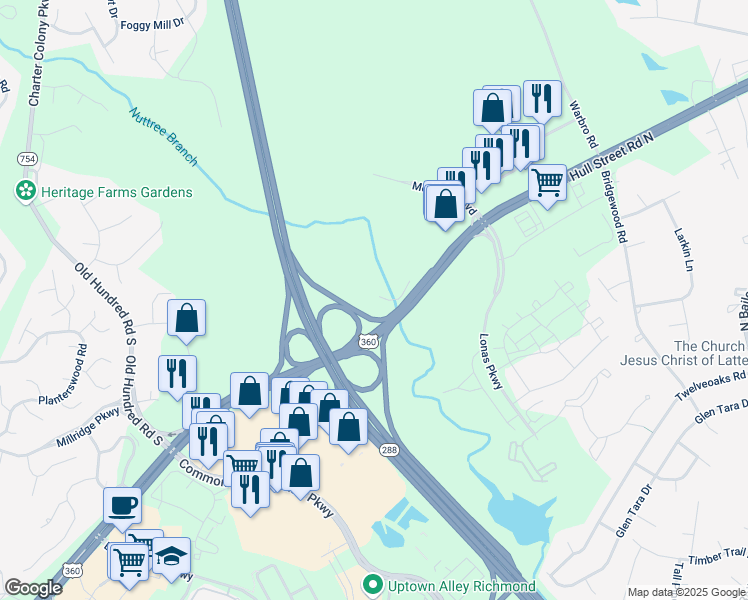 map of restaurants, bars, coffee shops, grocery stores, and more near 12642 Hull Street Road in Midlothian