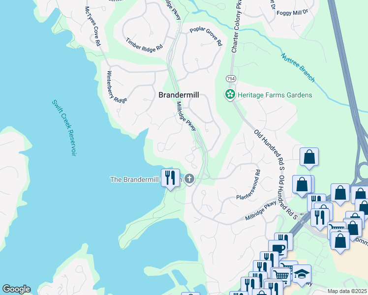 map of restaurants, bars, coffee shops, grocery stores, and more near 13532 Heathbrook Terrace in Midlothian