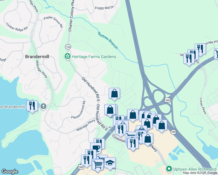 map of restaurants, bars, coffee shops, grocery stores, and more near 4561 Lifestyle Lane in Midlothian