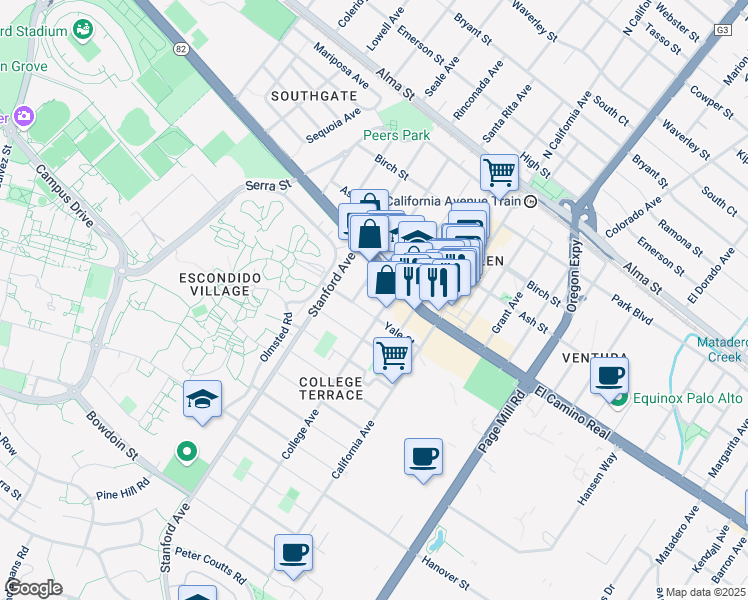 map of restaurants, bars, coffee shops, grocery stores, and more near 2180 California 82 in Palo Alto