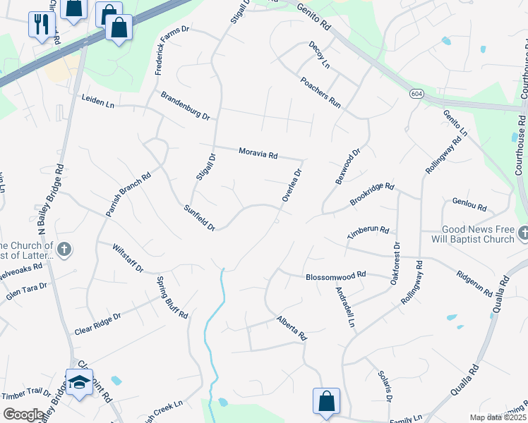 map of restaurants, bars, coffee shops, grocery stores, and more near 11119 Sunfield Drive in Midlothian