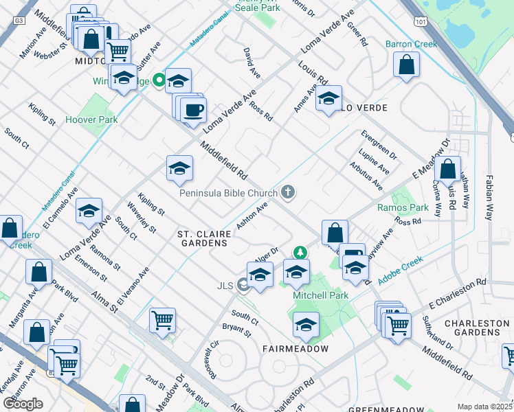 map of restaurants, bars, coffee shops, grocery stores, and more near 659 Ashton Avenue in Palo Alto