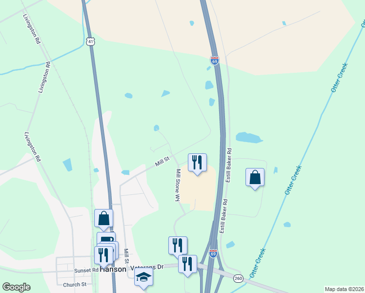 map of restaurants, bars, coffee shops, grocery stores, and more near 715 Mill Street in Hanson