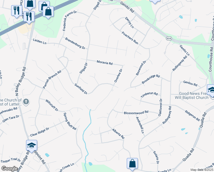 map of restaurants, bars, coffee shops, grocery stores, and more near 11119 Sunfield Drive in Midlothian