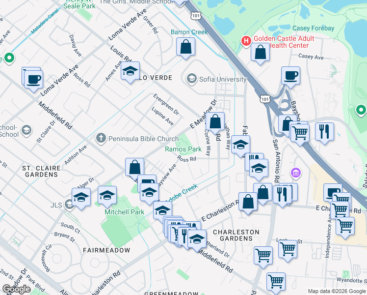 map of restaurants, bars, coffee shops, grocery stores, and more near 800 East Meadow Drive in Palo Alto