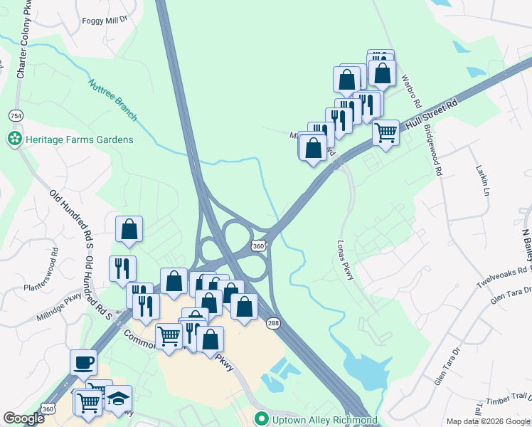 map of restaurants, bars, coffee shops, grocery stores, and more near 12520 Hull Street Road in Midlothian