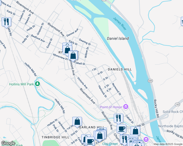 map of restaurants, bars, coffee shops, grocery stores, and more near 815 Hancock Street in Lynchburg