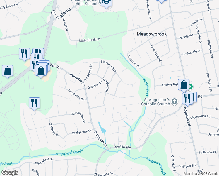 map of restaurants, bars, coffee shops, grocery stores, and more near 6712 Bryanbell Drive in Richmond