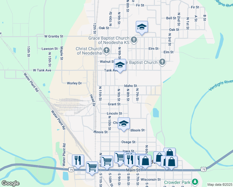 map of restaurants, bars, coffee shops, grocery stores, and more near 901 North 9th Street in Neodesha