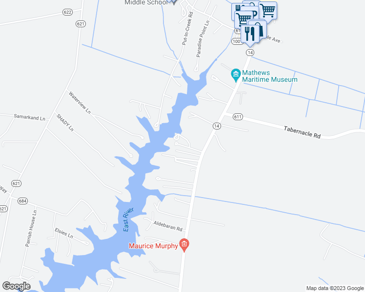map of restaurants, bars, coffee shops, grocery stores, and more near New Point Comfort Highway in Mathews
