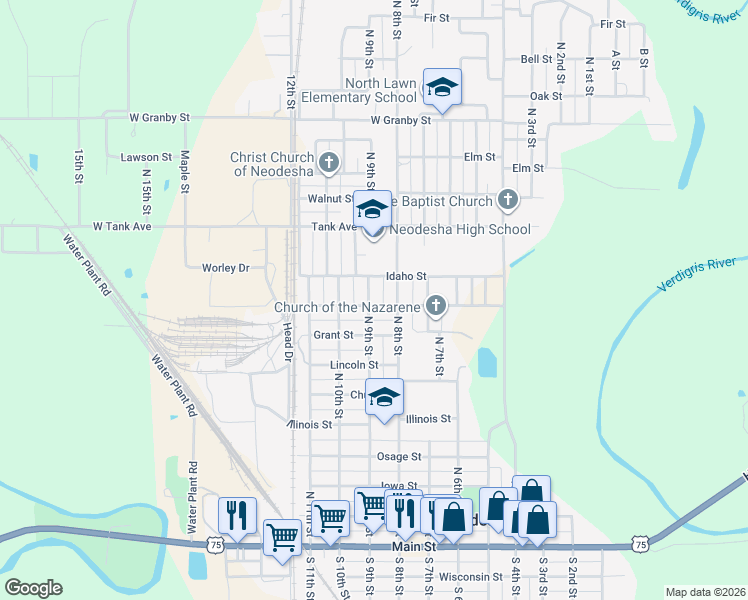 map of restaurants, bars, coffee shops, grocery stores, and more near 901-999 North 9th Street in Neodesha