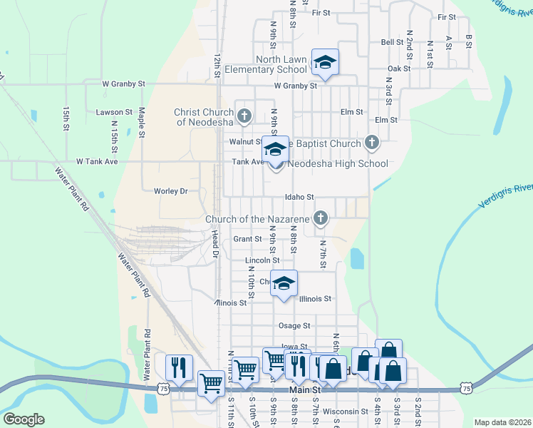 map of restaurants, bars, coffee shops, grocery stores, and more near 901-999 North 9th Street in Neodesha