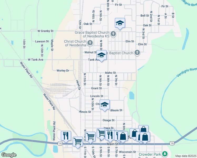 map of restaurants, bars, coffee shops, grocery stores, and more near 901 North 9th Street in Neodesha