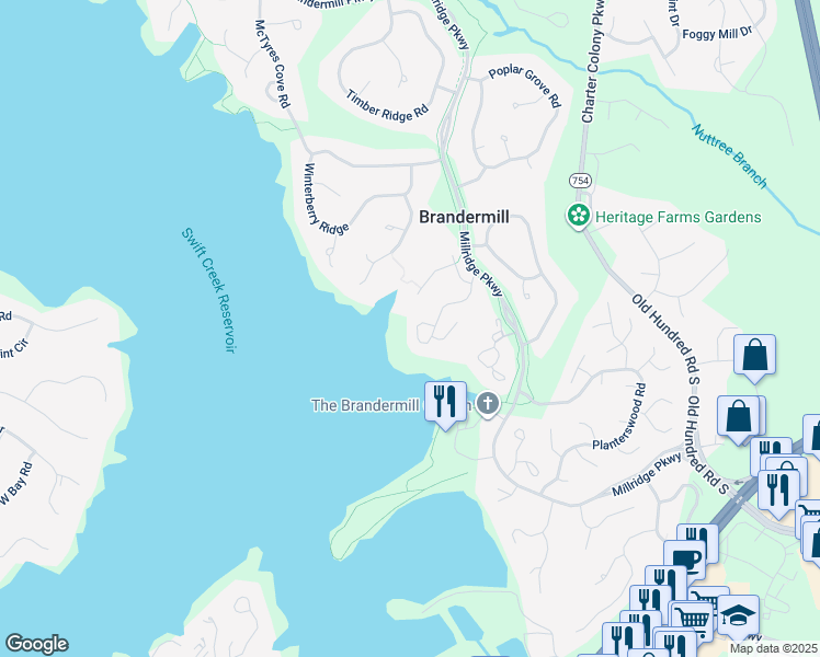 map of restaurants, bars, coffee shops, grocery stores, and more near 13628 Northwich Drive in Midlothian