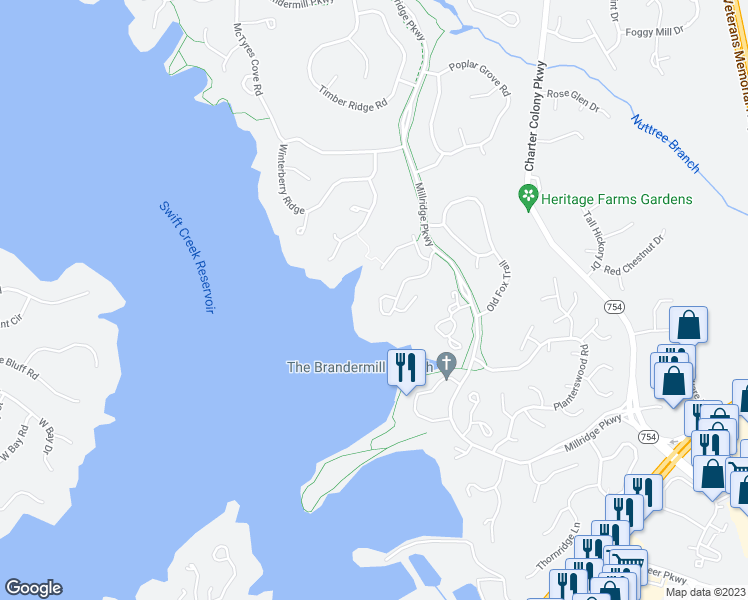map of restaurants, bars, coffee shops, grocery stores, and more near 13628 Northwich Drive in Midlothian
