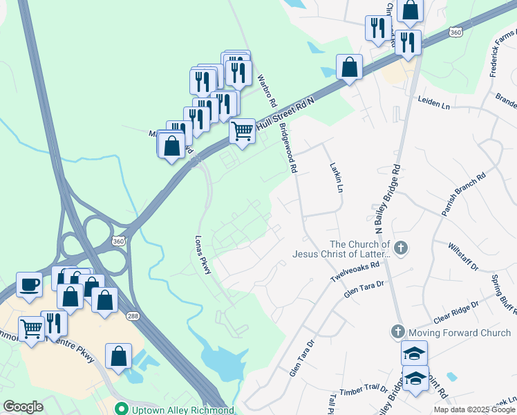 map of restaurants, bars, coffee shops, grocery stores, and more near 4104 Fort Sumter Court in Midlothian