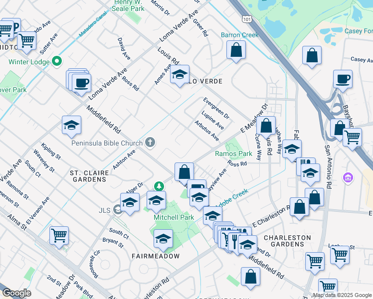 map of restaurants, bars, coffee shops, grocery stores, and more near 756 Talisman Court in Palo Alto