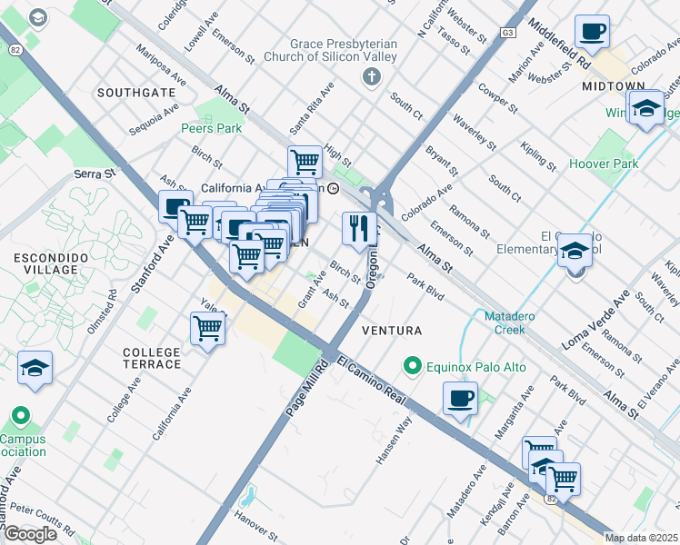 map of restaurants, bars, coffee shops, grocery stores, and more near 2650 Birch Street in Palo Alto