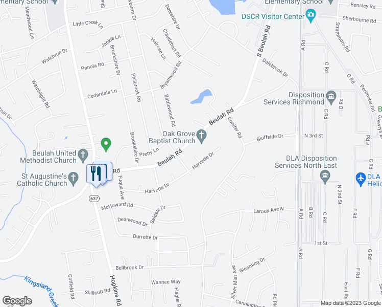 map of restaurants, bars, coffee shops, grocery stores, and more near 7000 Oak Vista Court in Richmond