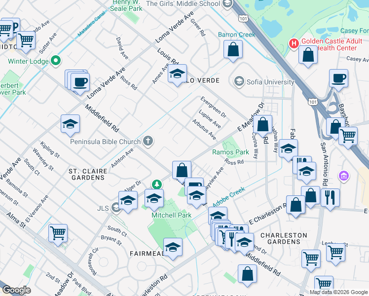 map of restaurants, bars, coffee shops, grocery stores, and more near 756 Talisman Court in Palo Alto