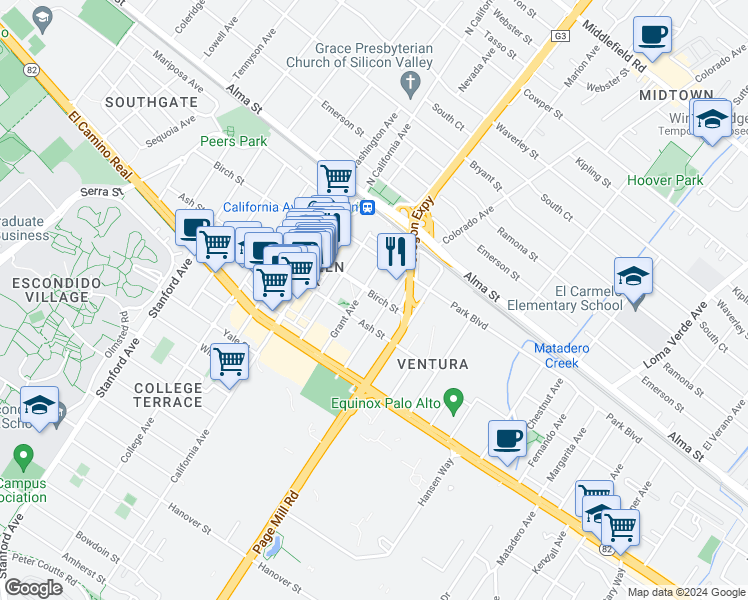 map of restaurants, bars, coffee shops, grocery stores, and more near 2650 Birch Street in Palo Alto