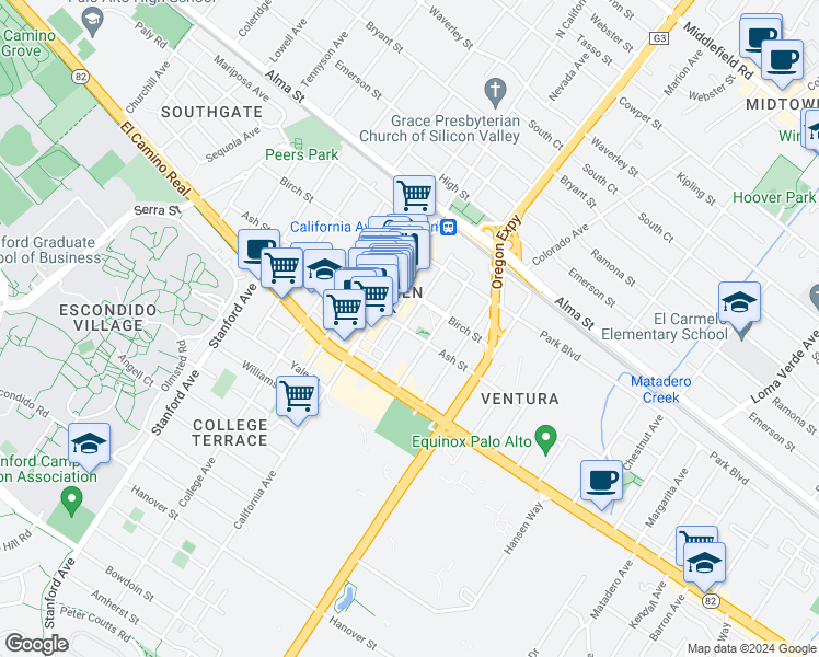 map of restaurants, bars, coffee shops, grocery stores, and more near 358 Sherman Avenue in Palo Alto