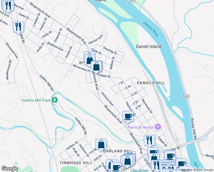 map of restaurants, bars, coffee shops, grocery stores, and more near 180 Wall Street in Lynchburg