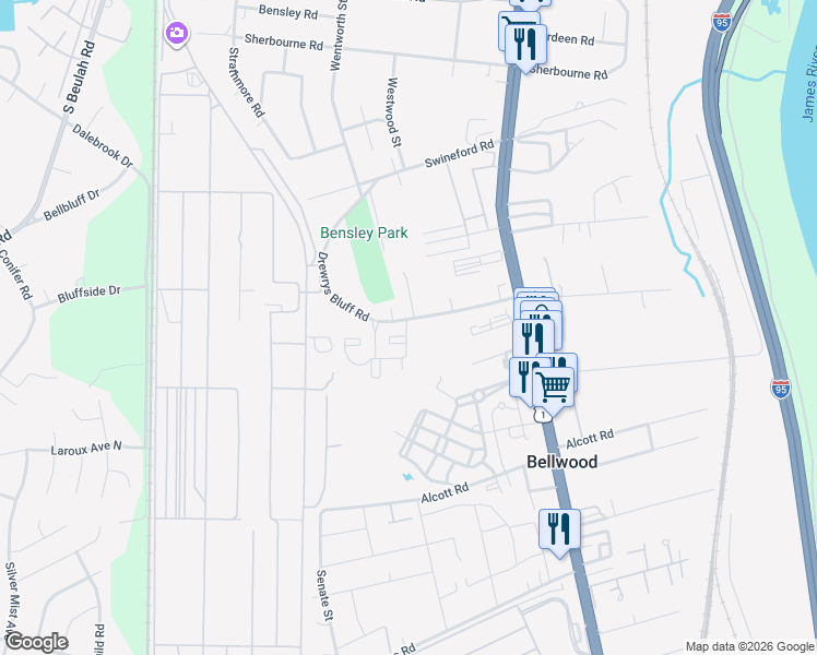map of restaurants, bars, coffee shops, grocery stores, and more near 2701 Drewrys Bluff Road in Richmond