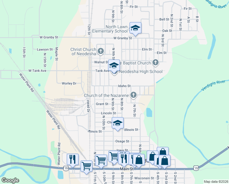 map of restaurants, bars, coffee shops, grocery stores, and more near 901-999 North 9th Street in Neodesha