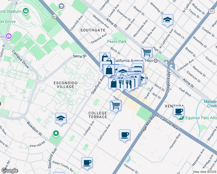 map of restaurants, bars, coffee shops, grocery stores, and more near 2130 Staunton Court in Palo Alto