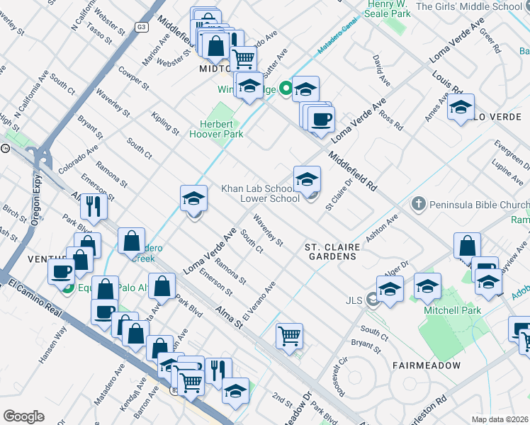 map of restaurants, bars, coffee shops, grocery stores, and more near 3185 Kipling Street in Palo Alto