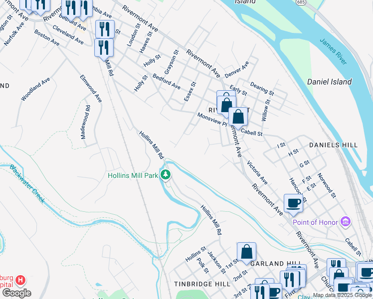 map of restaurants, bars, coffee shops, grocery stores, and more near 820 Helbig Loop in Lynchburg