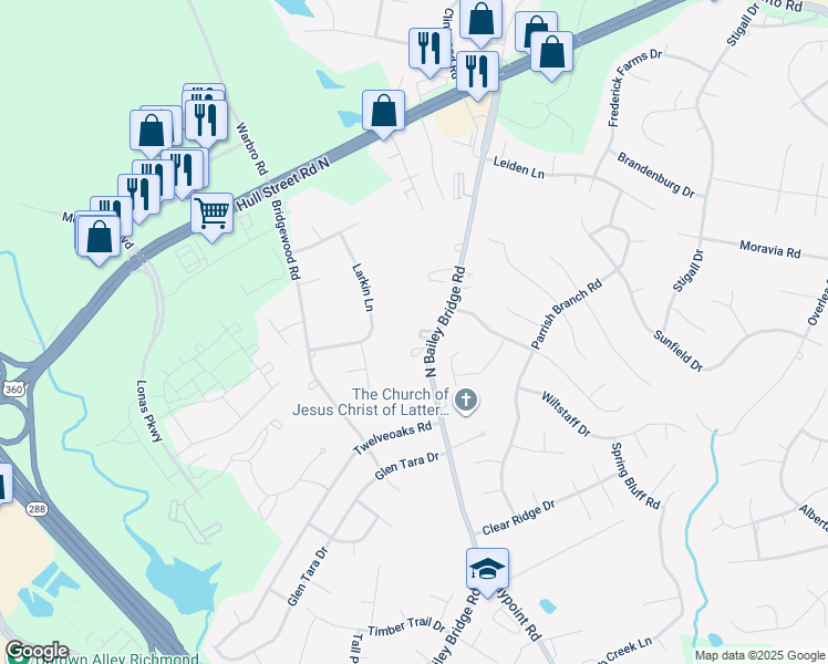 map of restaurants, bars, coffee shops, grocery stores, and more near 4312 North Bailey Bridge Road in Midlothian