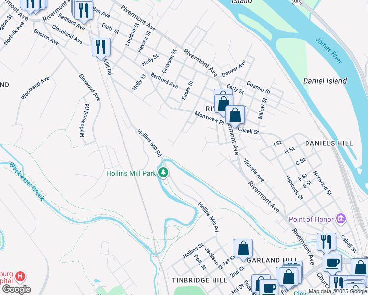 map of restaurants, bars, coffee shops, grocery stores, and more near 820 Helbig Loop in Lynchburg