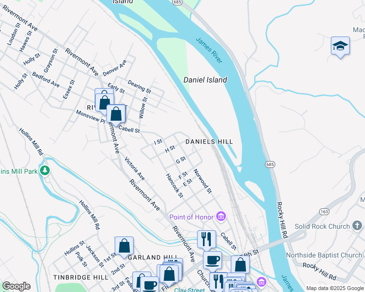 map of restaurants, bars, coffee shops, grocery stores, and more near 712 Norwood Street in Lynchburg