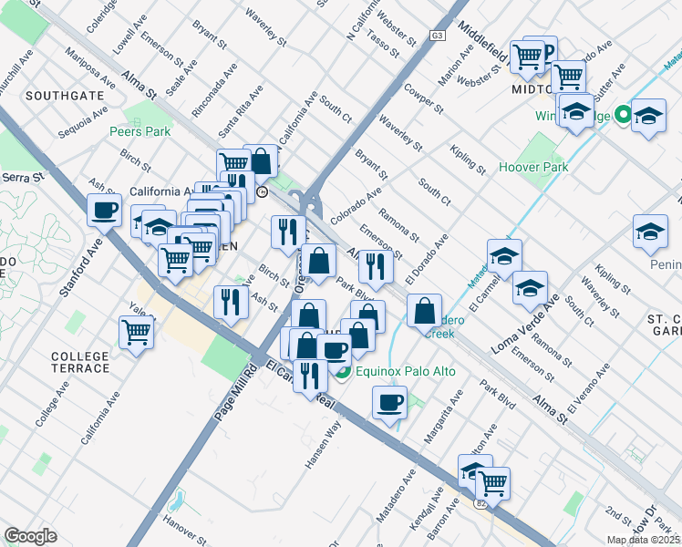 map of restaurants, bars, coffee shops, grocery stores, and more near 2865 Park Boulevard in Palo Alto