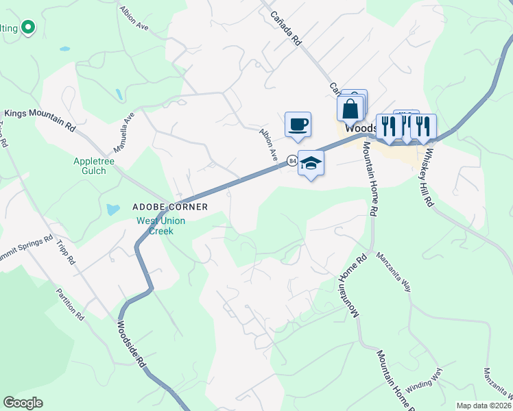 map of restaurants, bars, coffee shops, grocery stores, and more near 125 Fox Hollow Road in Woodside