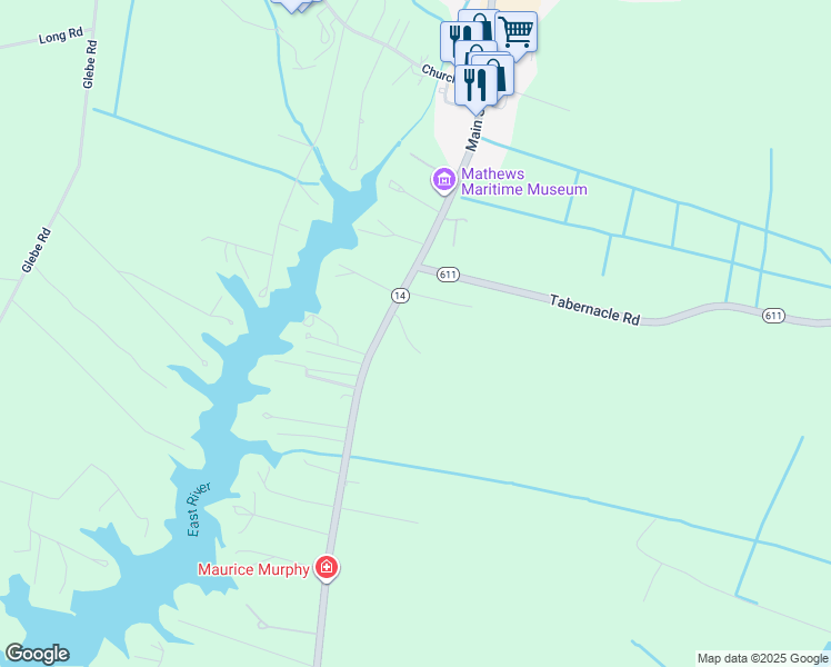 map of restaurants, bars, coffee shops, grocery stores, and more near 755 New Point Comfort Highway in Mathews