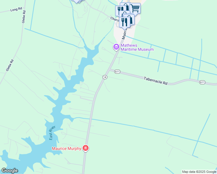 map of restaurants, bars, coffee shops, grocery stores, and more near 755 New Point Comfort Highway in Mathews