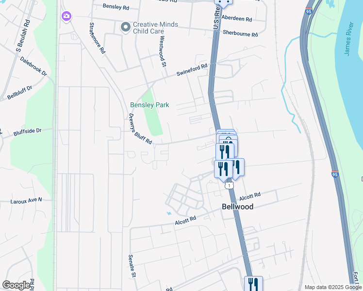 map of restaurants, bars, coffee shops, grocery stores, and more near 2669 Drewrys Bluff Road in Richmond