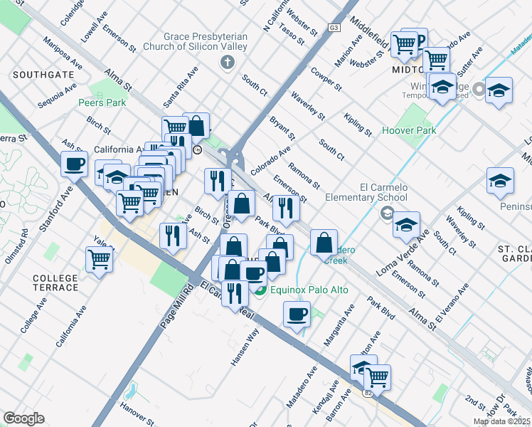 map of restaurants, bars, coffee shops, grocery stores, and more near 2901 Park Boulevard in Palo Alto