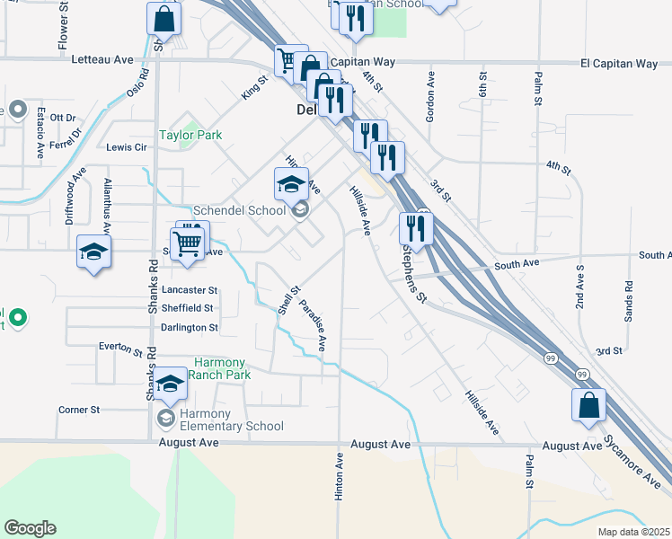 map of restaurants, bars, coffee shops, grocery stores, and more near 9476 Hinton Avenue in Delhi